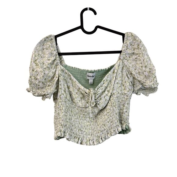 Sun Deh Green Floral Puff Sleeve Smocked Waist Cropped Blouse Womens Small - Picture 1 of 6